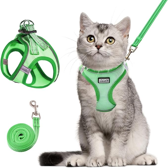 Cat Harness and Leash Set, Soft and Breathable Vest with Reflective Strip, Escape Proof Kitten Harness, Easy to Wear for Cats Walking and Traveling (Green, S)