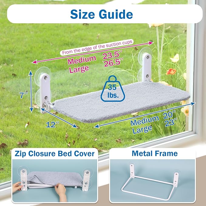 Easy Fold Cat Window Perch - Cordless, Fold-Up, Zip Closure Embeded Machine Washable Bed Cover, Robust Metal Frame - Cat Hammock for Window for Large Cats and Kittens (Gray, Large)