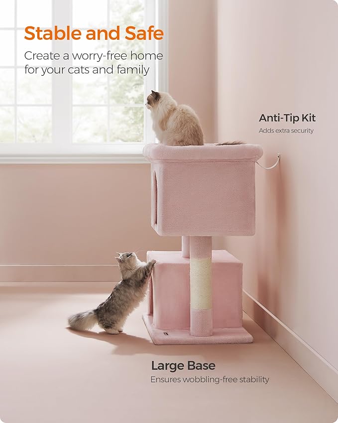 Feandrea Cat Tree, 39.8-Inch Cat Tower, XL, Cat Condo for Extra Large Cats up to 44 lb, Large Cat Perch, 2 Cat Caves, Scratching Post, Jelly Pink UPCT614P01