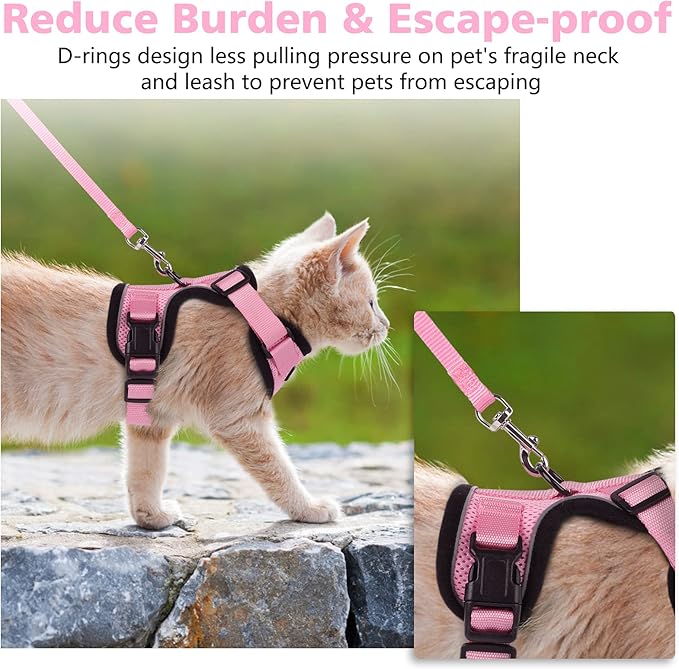 Dooradar Cat Harness and Leash Set, Escape Proof Safe Adjustable Kitten Vest Harnesses for Walking, Easy Control Soft Breathable Mesh Jacket with Reflective Strips for Cats, Pink, S