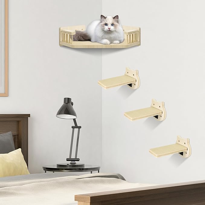 Cat Wall Shelves, Corner Cat Shelves and Perches for Wall, Cat Wall Furniture Cat Shelf with 3 Steps, Wall Mounted Cat Hammock Cat Bed with Plush Covered, Wood Cat Climbing Shelf for Indoor