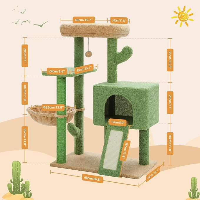 PAWZ Road 41 Inches Cactus Cat Tower with Sisal Covered Scratching Post and Cozy Condo for Indoor Cats, Cat Climbing Stand with Plush Perch &Soft Hammock for Multi-Level Cat Play House