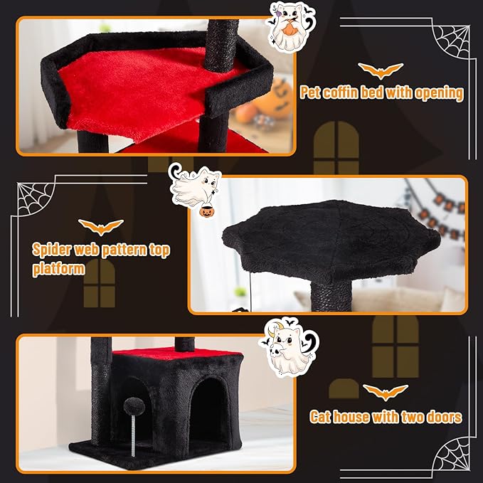 Erinnyees Gothic Cat Tree, Black Cat Tower for Indoor Cats, 33.5" Cat Condo with Scratching Post, Coffin Cat Bed, Small Goth Cat Tree with Spooky Ball for Kittens