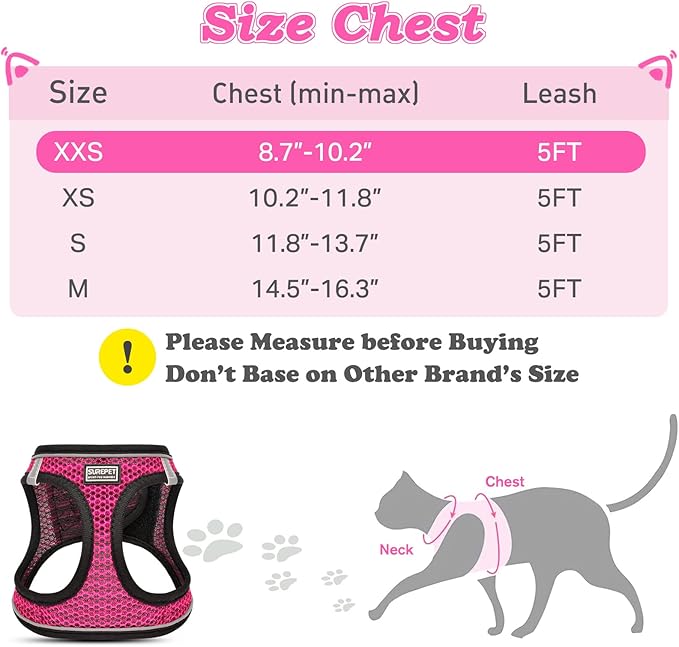 Cat Harness and Leash for Walking Escape Proof, Adjustable Kitten Vest Harness Reflective Soft Mesh Puppy Harness for Outdoor, Comfort Fit, Easy to Control (Pink, XXS)