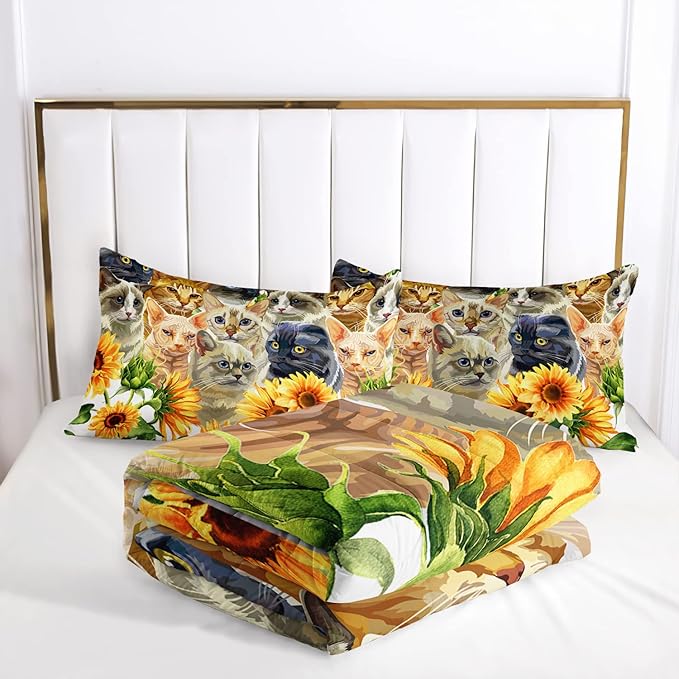 AILONEN Watercolor Cat Print Bedding Set Full Size with Sunflowers Comforter Set for Kids Boys Girls,Group of Cute Cats Soft Breathable White Tint Duvet Set 3 Pieces, 1 Quilt and 2 Pillowcases