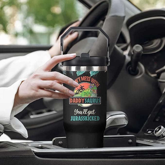 30 Oz Papasaurus Tumbler with Handle and Straw, Daddy Cup Insulated Best Daddy Mug, Double Wall Stainless Steel Dadasaurus Cup, 30 Oz Leak Proof Daddy Mug and Travel Mugs for Dad Gifts
