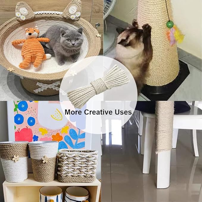 Cat Natural Sisal Rope for Replacement Scratching Posts,Sturdy Hemp Rope for Repairing Modern Cat Trees,6mm Diameter Sisal Rope Can DIY for Furniture Protection from Cats Scratch