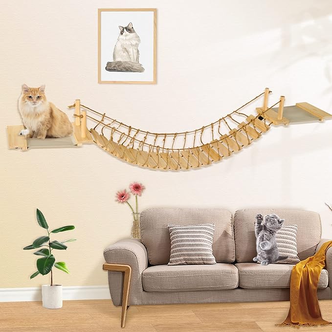 Calmbee Cat Wall Shelves, Cat Wall Furniture 70" Cat Bridge Wall Mount Cat Perch Wooden Hammock Cat Tree Cat Climber Cat Cloud Shelf Board Cats Bed