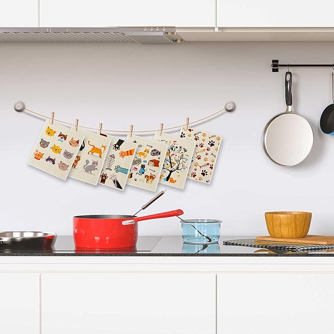 6 Pieces Cat Sweedish Dishcloth Dish Towels Durable Swedish Cleaning Cloths Absorbent and Fast Dry Kitchen Towels Cats Cleaning Cloths for Kitchen Bathroom Office Wedding Housewarming