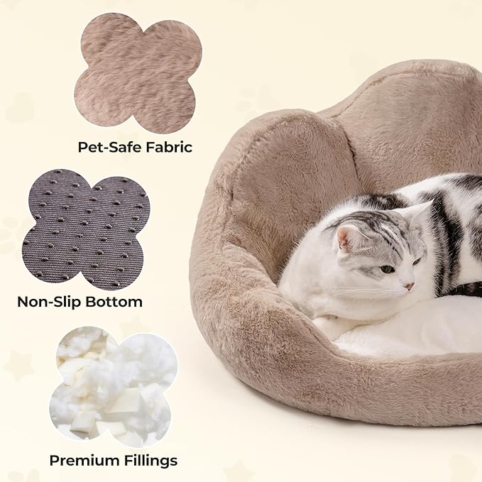 MEWOOFUN Cat Beds for Indoor Cats, Cozy Cute Cat Couch Bed Washable, Round Fluffy Small Dog Beds with Anti-Slip Bottom, Puppy Bed for Small Animals (Khaki, 23")