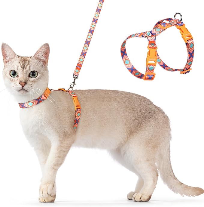 Dooradar Cat Harness and Leash, Escape Proof Adjustable Kitten Vest, Lightweight Soft Pet Straps, Easy Wearing for Small Medium Kitty Safe Walking Travel Control, Orange & Blue, M