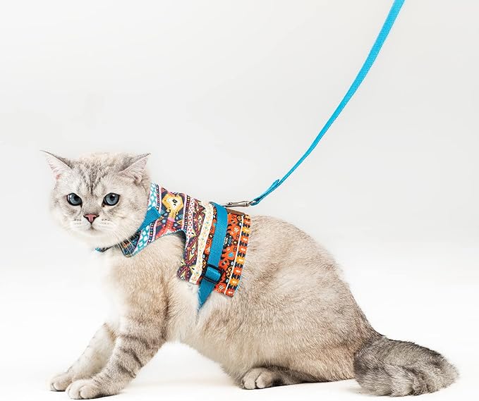 Cat Harness and Leash Set, Cats Escape Proof - Adjustable Kitten Harness for Large/Medium/Small Cats, Walking Travel Petsafe Harness (Blue Rug Pattern, Small)