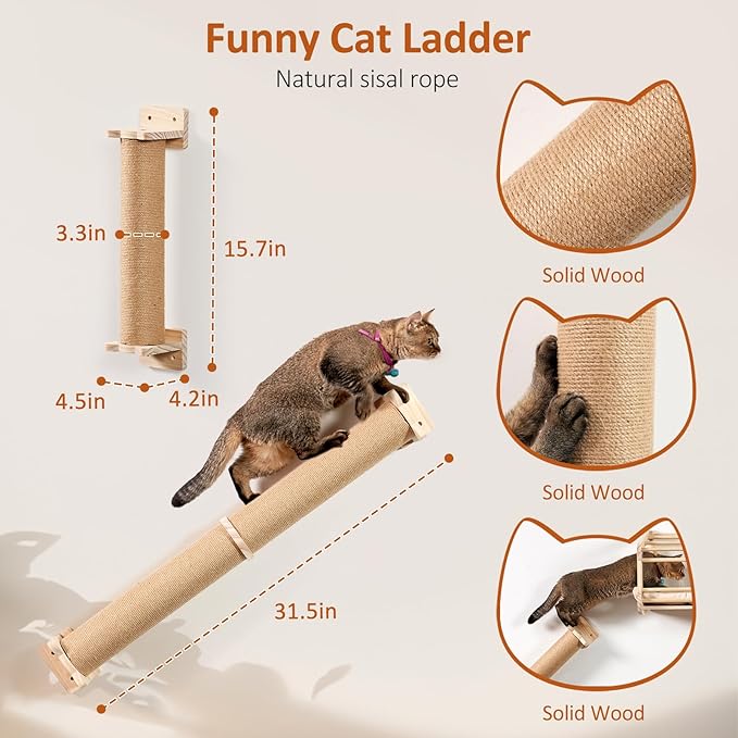 Cat Wall Shelves and Cat Wall Climber for Wall, Wooden Wall Mounted Cat Furniture, 5 Set ofCat Climbing Perches with Wall Steps, Scratching Posts, Scratching Perch, and Cat Tunnel