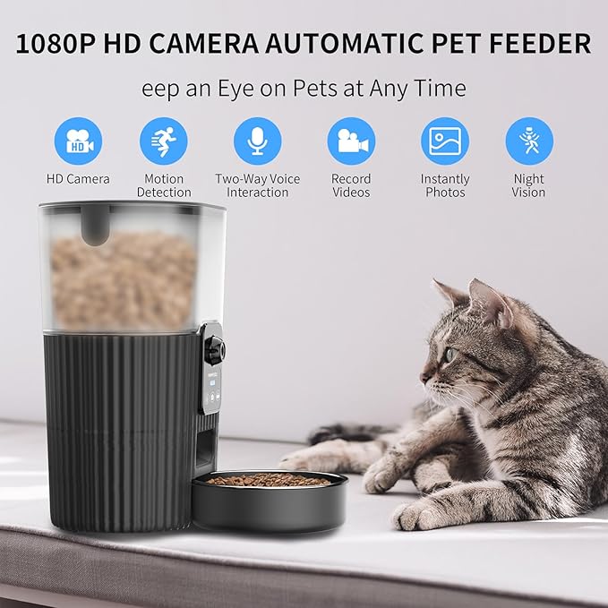 Automatic Cat Feeders with Camera, 5G WiFi Cat Feeder with 1080P HD Video Night Vision, Automatic Pet Feeders with 2-Way Audio, Motion & Sound Alerts, Voice & Video Record, Automatic Feeder with App