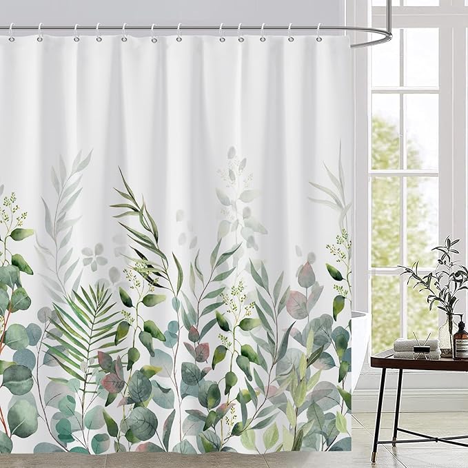 AWERT Shower Curtain Plants for Bathroom,Waterproof Quick-Drying Green Leaves Shower Curtain Set with Hooks 72x72 Inch