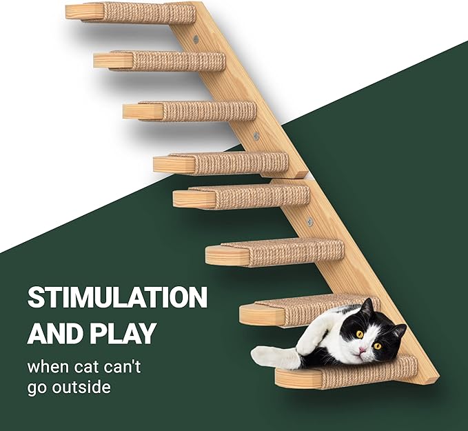 Skywin Cat Wall Steps - Solid Rubber Wood Cat Stairs Great for Scratching and Climbing - Easy to Install Wall Mounted Cat Shelves for Playful Cats (Wood, Right-Left)