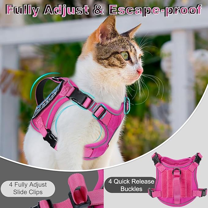 Tactical Cat Harness for Walking, Adjustable Escape Proof Pet Vest for Large Cat,Easy Control Breathable Cat Vest with Handle，Molle Patches (Pink, L)