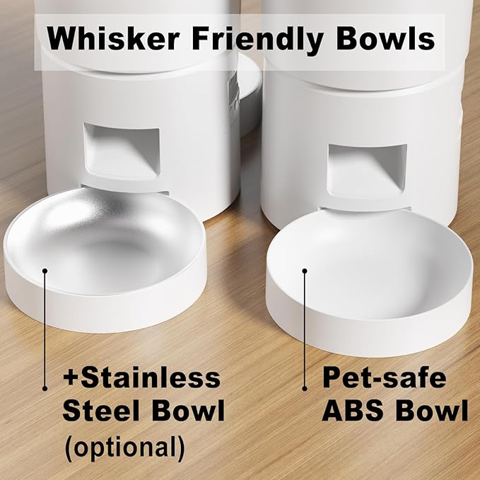Automatic Cat Feeder for 2 Cats,4.2L Flexible Schedule,6 Meals/Day,1-12 Portions/Meal,Dual Power Auto Dual Pets Feeder Dry Food Dispenser,10S Voice Record(White,4.2L+Stainless Steel 2 Bowls)
