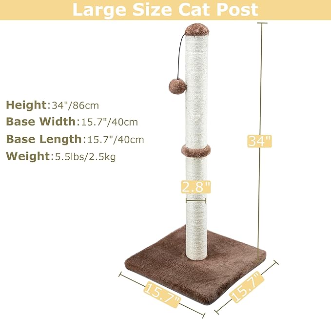 Dimaka 34" Tall Cat Scratching Post for Large Cats and Kittens, High Vertical Scratcher with Premium Natural Sisal Rope and Interactive Hanging Ball for Indoor Cats (Dark Brown, 34 inches)