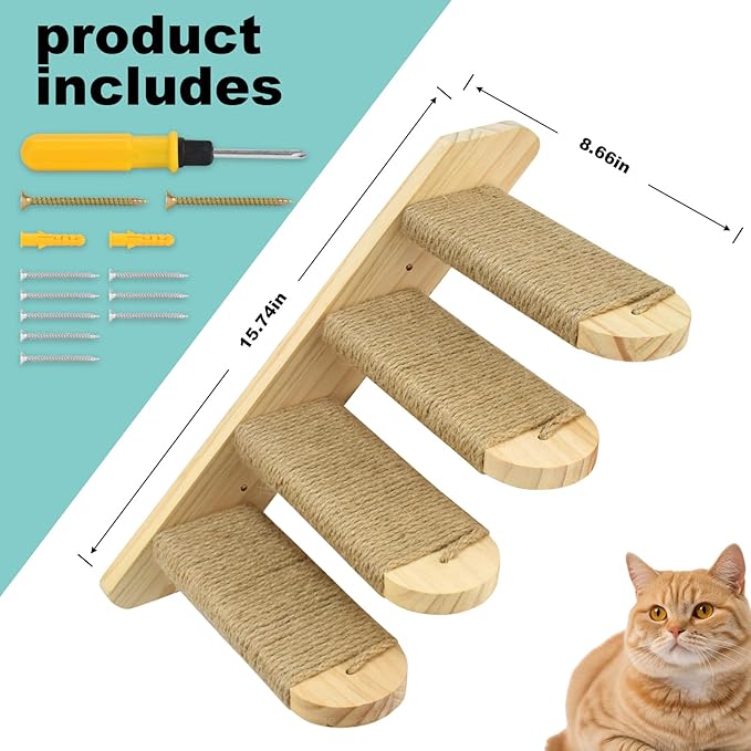 Cat Climbing Shelf Wall Mounted, Cat Wall Steps Shelves Cat Stairs Ladder Four Step Cat Stairway with Jute Scratching for Cats Perch Platform Supplies (1 Cat Stair)
