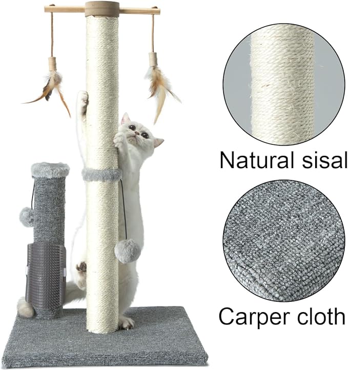 PAWSFANS Cat Scratching Post,Sisal Scratch Posts Vertical Scratcher for Indoor Cats and Kittens,with self Grooming Bursh and Interactive Toys 30 Inches Tall Grey