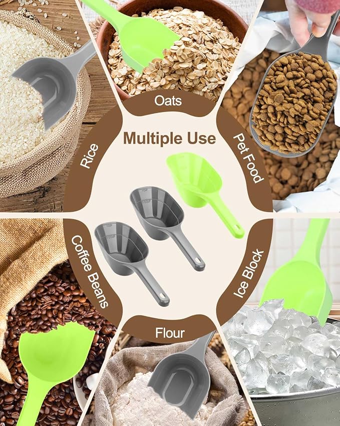 3PCS Dog Food Scoop, 1 Cup Plastic Pet Food Scoop with Measuring Lines 1/2 Cup and 1 Cup for Dogs, Cats, Birds and Rabbits(2 Grey and 1 Green)