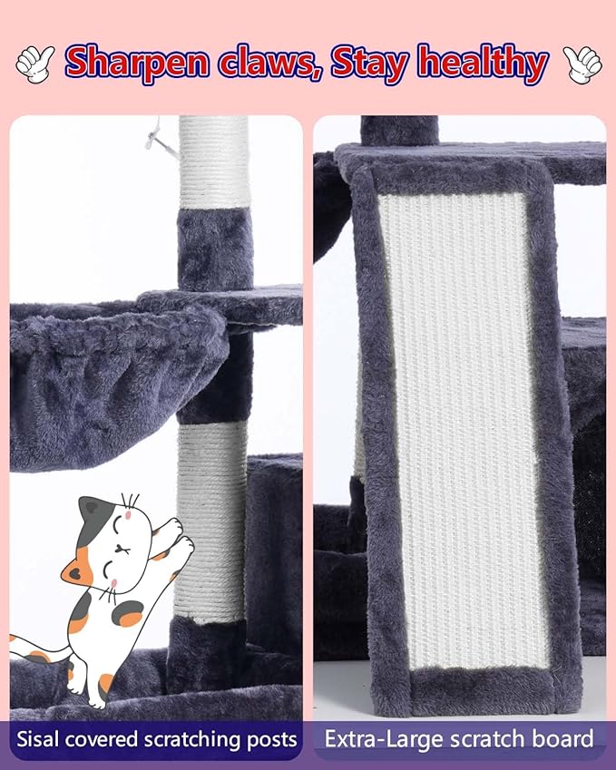 Cat Tree, Cat Tower with condo, Basket, Large Bed, Platform, Scratch Board, Cat Scratching Posts for Indoor Cats, Smoky Gray GCT002SG