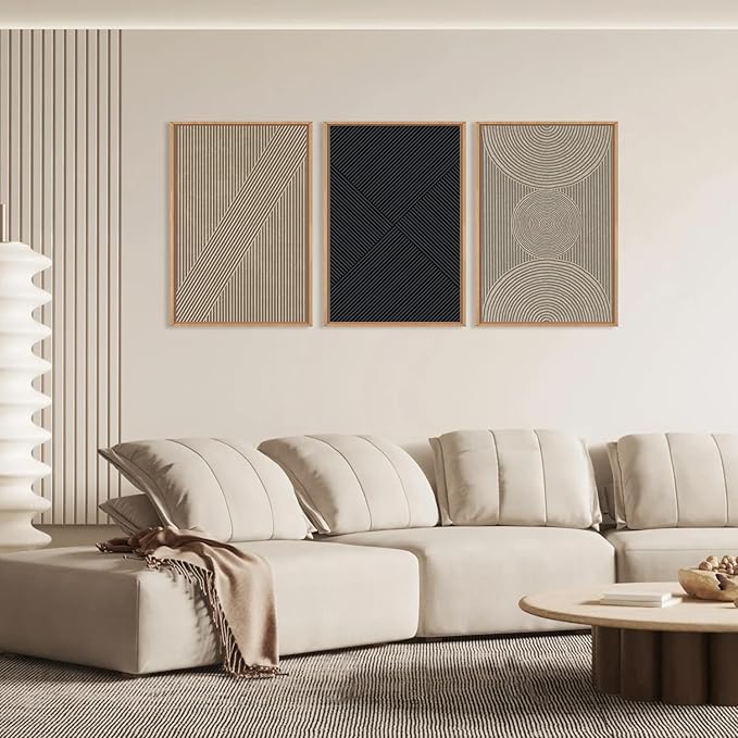 Ausril Neutral Minimalist Line Framed Canvas Wall Art Set, Beige Abstract Wall Decor, Modern Illustration Wall Painting, Mid Century Boho Art Print for Living Room, Bedroom, Office 36"x24"x3