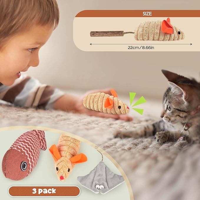 AccEncyc 3Pcs Cat Toys Mice Fish Catnip Toys Teething Interactive Catnip Silvervine Animals Toys for Indoor Kittens Cat Chew Toy Kitten Exercise Kicker Toys Cleaning Teeth Cat Gifts Kitty Toy