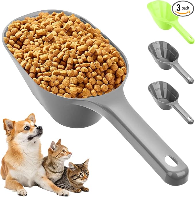 3PCS Dog Food Scoop, 1 Cup Plastic Pet Food Scoop with Measuring Lines 1/2 Cup and 1 Cup for Dogs, Cats, Birds and Rabbits(2 Grey and 1 Green)