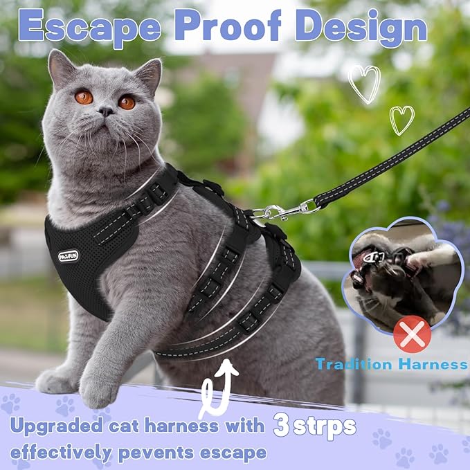 Fully Escape Proof Cat Harness and Leash Set for Walking, Adjustable Soft Kitten Vest with Reflective Strip for Small Medium Large Adult Cats, Breathable Kitty Harness,Black S