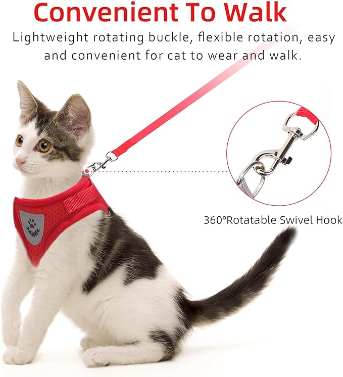 Cat Vest Harness and Small Dog Vest Harness for Walking, All Weather Mesh Harness, Cat Vest Harness with Reflective Strap, Step in Adjustable Harness for Small Cats (Red, S)