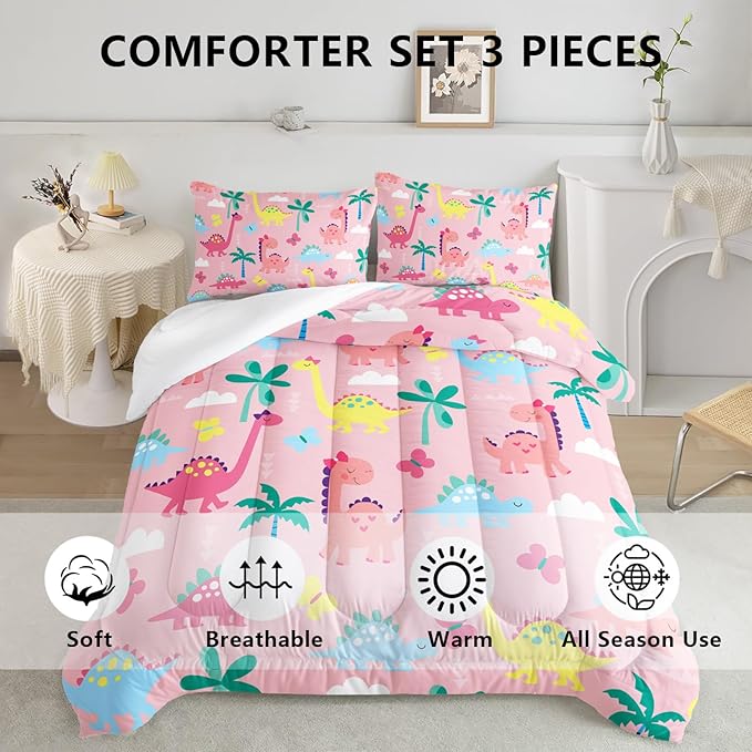 Axolotl Cute Dinosaur Comforter Set Full,Colorful Dinosaur Girls Bedding Set,Dinosaurs Print Comforter Sets Botanical Palm Trees,Butterfly Bedding Set for Kids Girls Teens,1 Quilt 2 Pillowcases,Pink