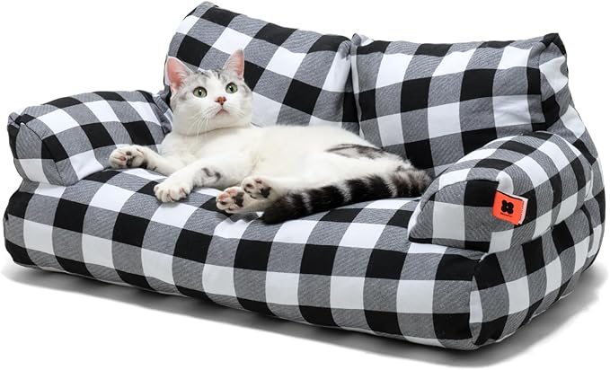 MEWOOFUN Pet Sofa Bed for Medium Pets Cat Couch Cat Bed with 26×19×13 Inch Removable Washable Cover Nonskid Bottom Puppy Couch Pet Bed up to 25 lbs (Black & White)