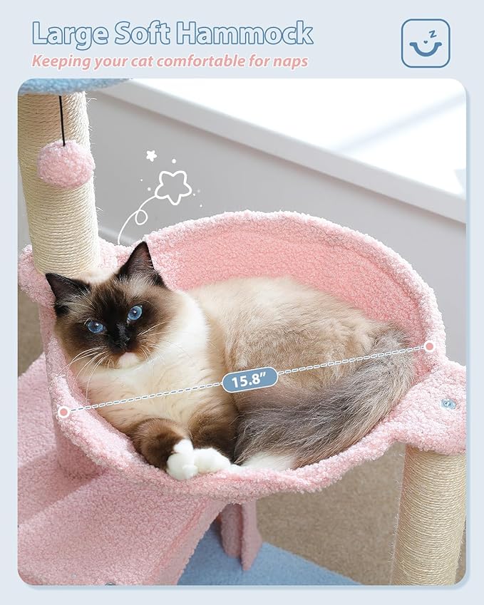 Flower Cat Tree with Large Metal Frame Hammock, 35" Pink Cat Tower with Sisal Scratching Posts for Small Indoor Cats, Cat Condo with Blue Top Perch for Kittens, Fluffy Ball, Pink