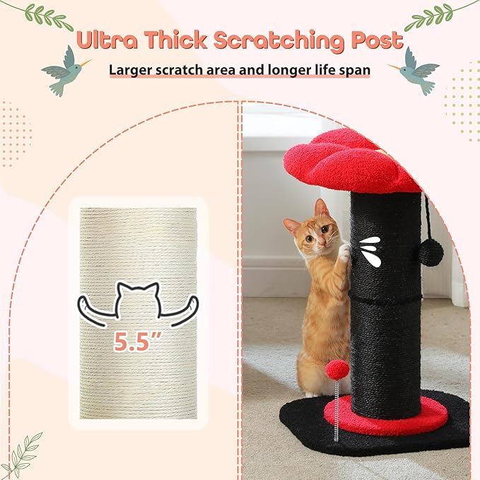 PEQULTI Flower Cat Scratching Post, Gothic Cat Tree, Tall Cat Scratcher for Indoor Cats with Super Thick Scratching Post [Dia=5.5''], Removable Flower Cat Bed, Cat Scratch Post with Spring Ball, Black