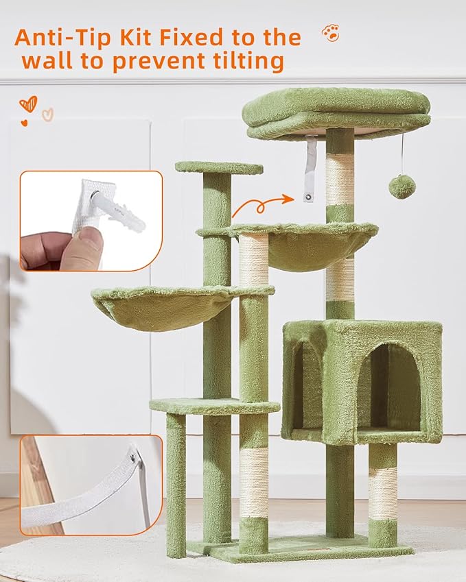 Taoqimiao Cat Tree, 39.4-Inch Cat Tower for Indoor Cats,Suitable for Kittens,Plush Cat Condo with 5 Scratching Posts, Plush Perch,2 Hammock,Pompoms, MS019GR Green