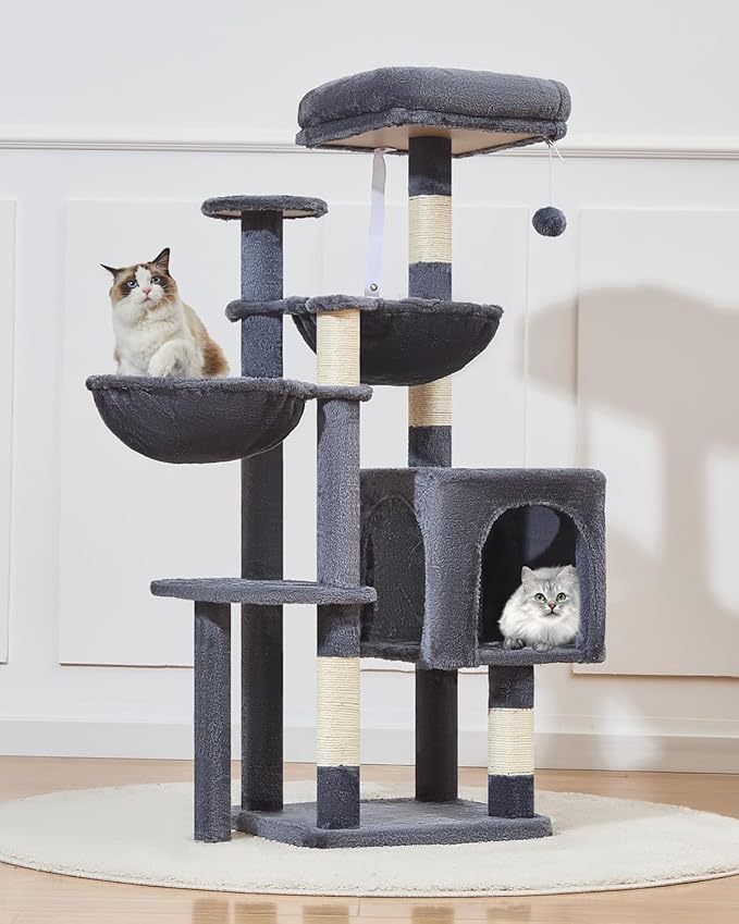 Taoqimiao Cat Tree, 48-Inch Cat Tower for Kittens, Cat Tree Tower with 5 Scratching Posts, Plush Cat Condo with Plush Perch, 2 Hammock, Pompoms, Smoky Gray MS019L-G