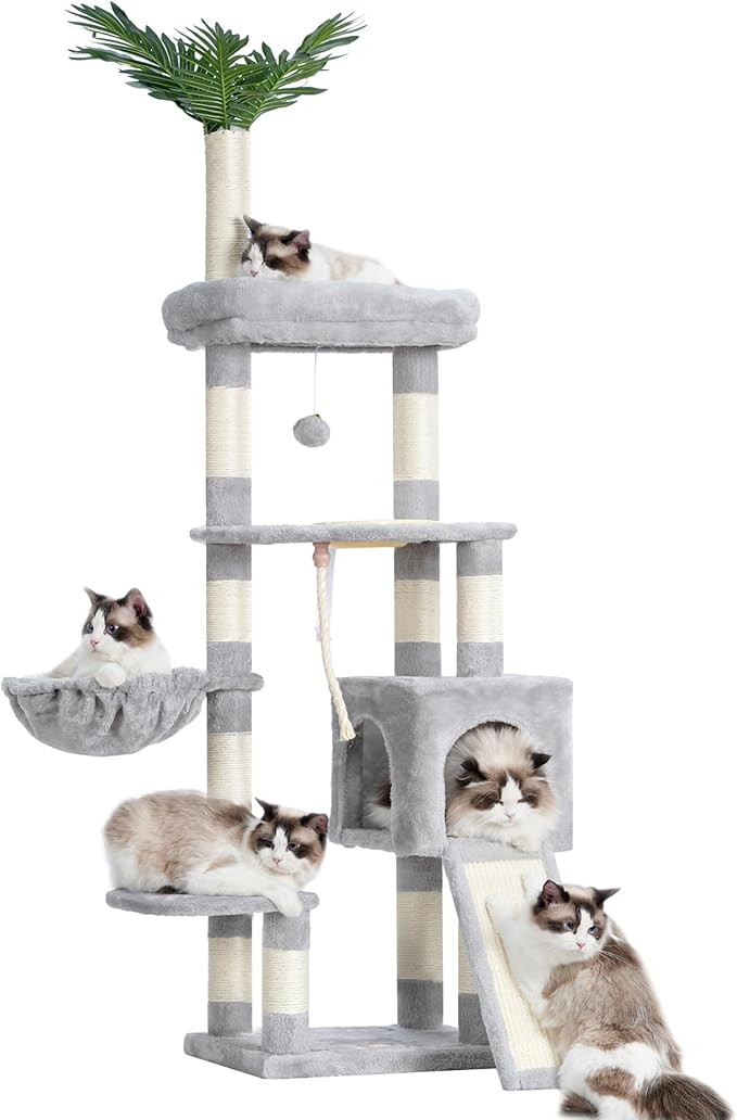 Heybly Cat Tree,Cat Tower for Indoor Cats, 65.4 inches Cat Condo with Perches, Basket, Feeding Bowl Station, Multi-Level Plush Furniture with Scratching Posts, Light Gray HCT015W
