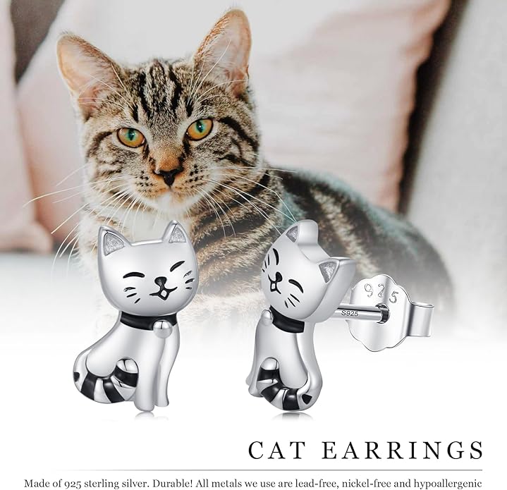 925 Sterling Silver Cat Earrings Cute Animal Kitten Stud Earrings cat Jewelry Gifts for Women Girls Hypoallergenic Earrings for Sensitive Ears