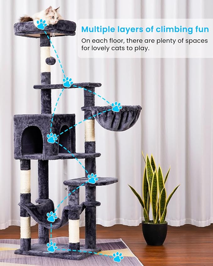 Hey-brother Cat Tree with Large Hammock, Multi-Level Cat Tower for Indoor Cats, Cat Condo with Sisal-Covered Scratching Posts and Top Perch, Smoky Gray MPJ050G