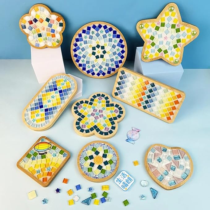 4PCS Mosaic Bamboo Coasters for Crafts, Blank Base Trays, Drinking Cup Coaster, Plant Coaster, Art Plate,DIY Mosaic Supplies (Star)