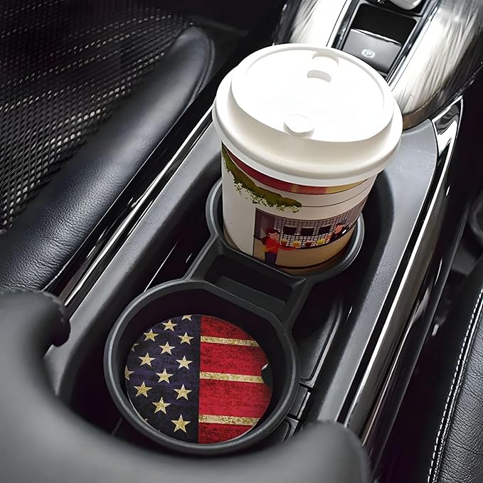 Absorbent Ceramic Car Coasters for Cup Holders, Vintage American Flag Design 2.56" Anti Slip Universal Drink Cup Coasters for Women Men (2 Pack)