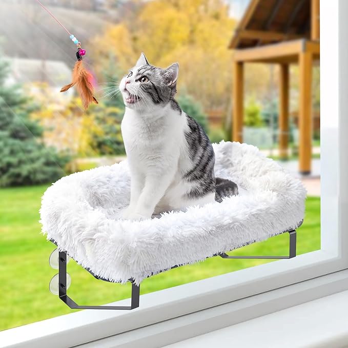 Cat Window Perch, Large Cats Window Hammock Bed Metal Shelf Perch Seat with Thermal Blankets & 6 Strong Suction Cups as Cat Wall Furniture Tree Accessories for Inside Sunbathing Napping Overlooking