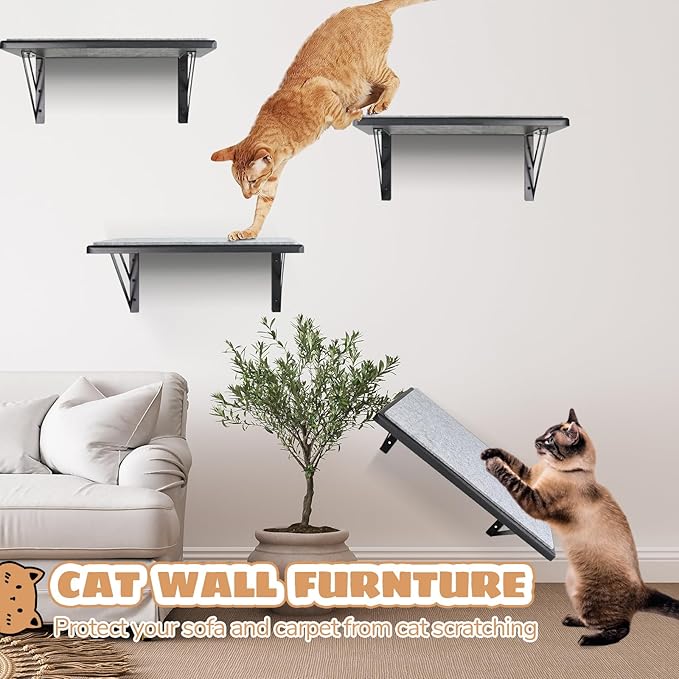 Cat Wall Shelves Set of 4, Wood Cat Shelves for Wall, Cat Wall Bed Hammock with Scratching Pad, Cat Climbing Shelf for Sleeping Playing, Cat Window Perch for Large Cats, Black Cat Furniture for Indoor