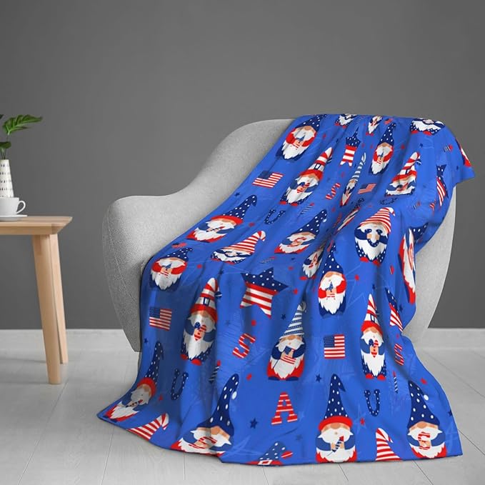 American Gnome Patriotic Blanket Throw 50"x40", Plush Flannel 4th of July Memorial Day Blanket, Soft Warm Decorative for Kids Women