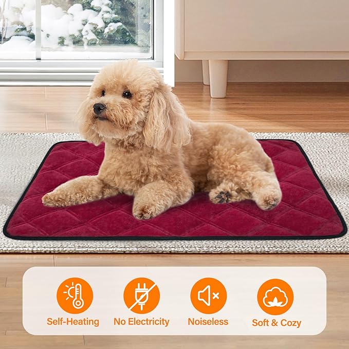 Self Warming Cat Bed, Pet Crate Pad for Indoor and Outdoor, Washable Heating Cat Mat Bed with Non-Slip Bottom for Cats, Puppy and Small Dogs - Deep Red, S:19"x28"