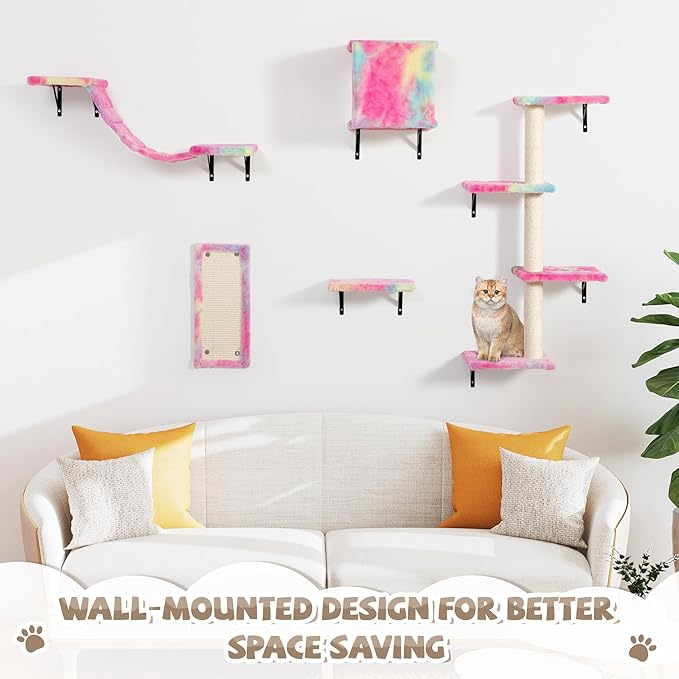 COZIWOW Cat Wall Shelves, Wall-Mounted Cat Climber Set of 5, Floating Cat Perches, Hanging Cat Beds, Modern Cat Furniture for Large Cats or Kitty (Colorful)