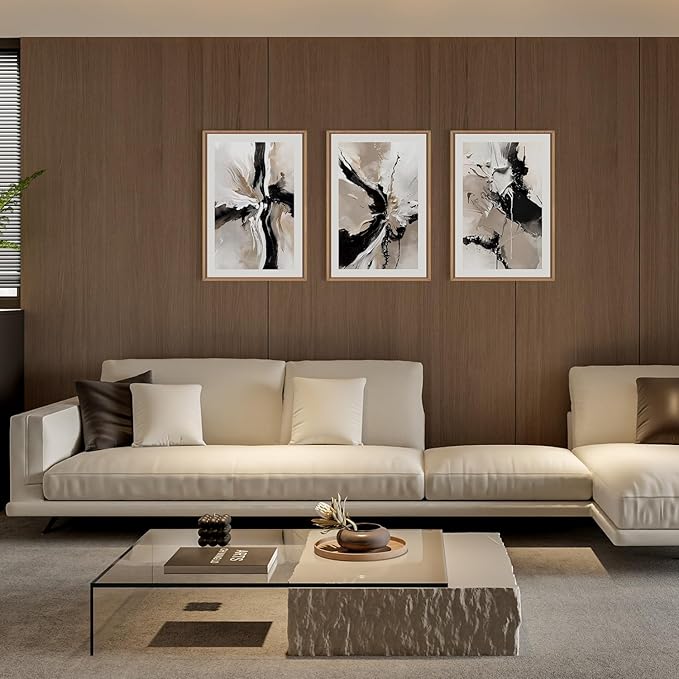 Abstract Black Brown Framed Canvas Wall Art Set, Beige Black Shapes Wall Decor, Neutral Color Block Wall Painting, Minimalist Brush Stroke Art Prints for Living Room, Bedroom, Office 16"x24"x3