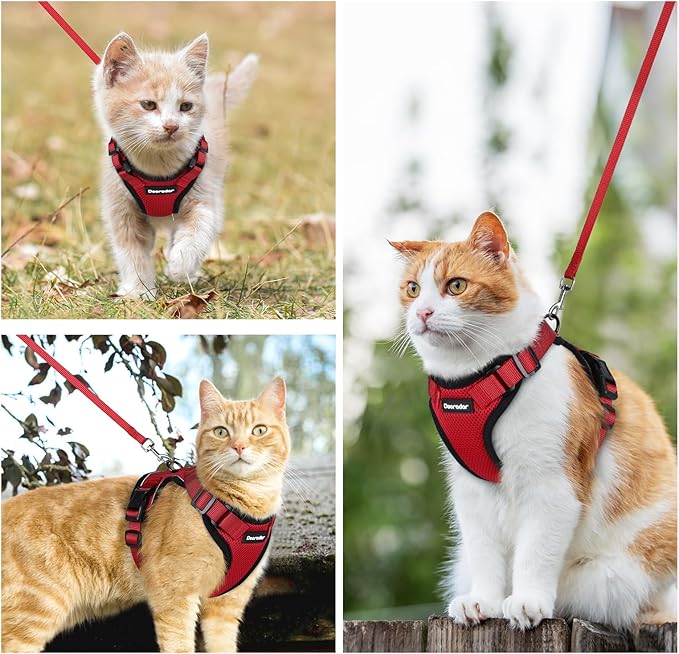 Dooradar Cat Harness and Leash Set, Escape Proof Safe Adjustable Kitten Vest Harnesses for Walking, Easy Control Soft Breathable Mesh Jacket with Reflective Strips for Cats, Red, S